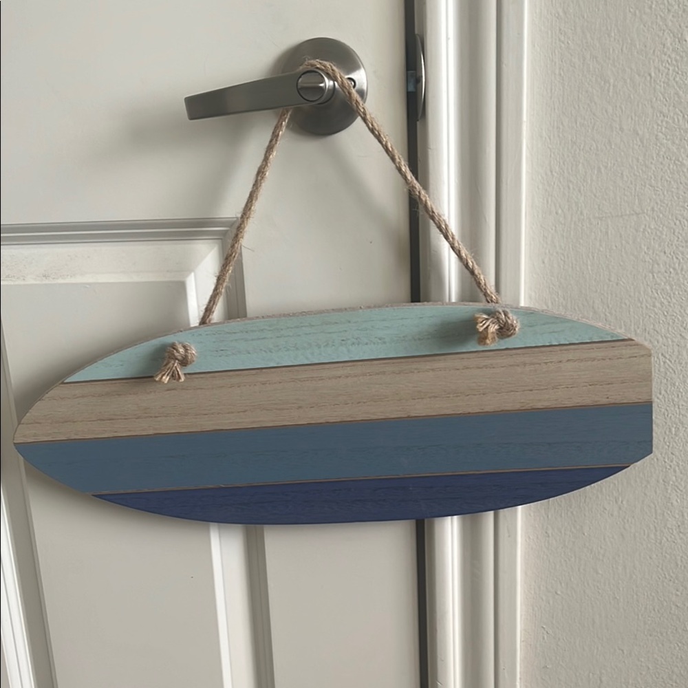 Blue and Tan Wooden Hanging Sign